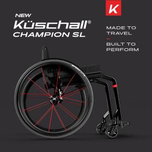 New Kuschall Champion SL Manual Wheelchair. Black frame with red spokes.