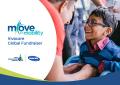 Image of a global fundraiser for mobility: a smiling child in a wheelchair, assisted by another person.