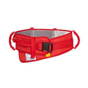 Red supportive patient transfer belt with padding, adjustable fastening buckle, and multiple grip handles for assisted mobility.