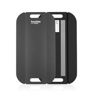 Black flexible sliding sheet board with integrated handles, designed to assist caregivers in repositioning or transferring patients safely.