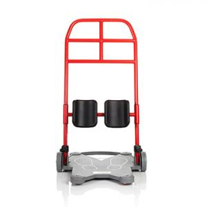 Red sit-to-stand assist device with a metal frame, dual knee pads, anti-slip foot platform, and rear wheels for mobility.